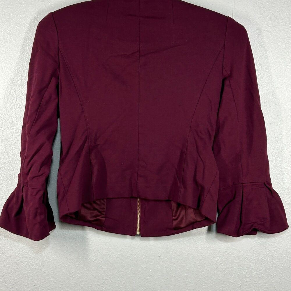 Roz&Ali Jacket Womens S Burgundy Ruffle Bell Sleeve Zip Front Peplum Zip Pockets - Picture 6 of 8